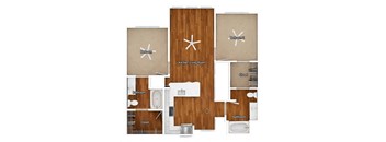 A floor plan of a house with two bedrooms, a kitchen, a living room, and two bathrooms.